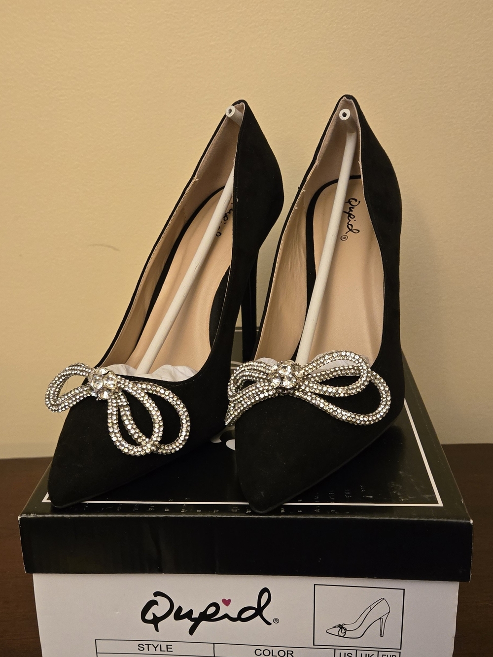 Cupid Black Pointed-Toe Heels with Rhinestone Bow